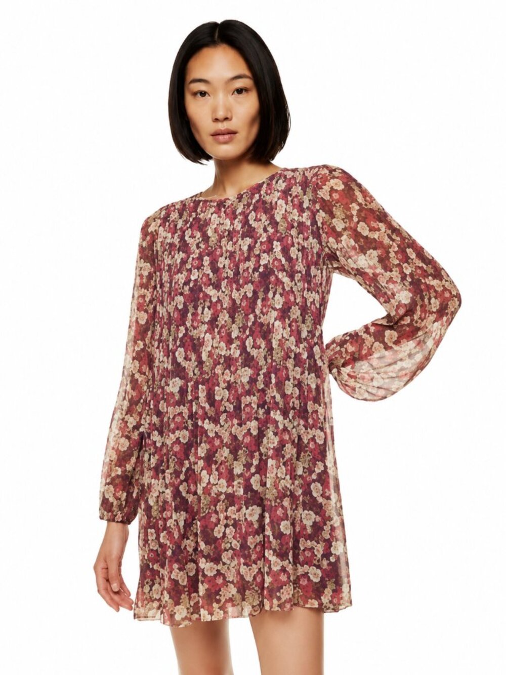 WILFRED Daydreamer Pleated Chiffon Mini Dress Dark Floral Aritzia Women's Medium